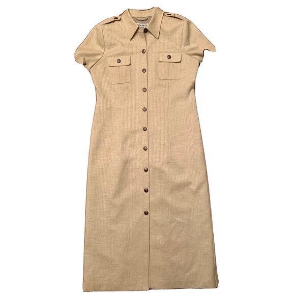 VINTAGE Plaza South Midi Dress Womens Petite 10P Beige Button Down Secretary - Picture 1 of 13